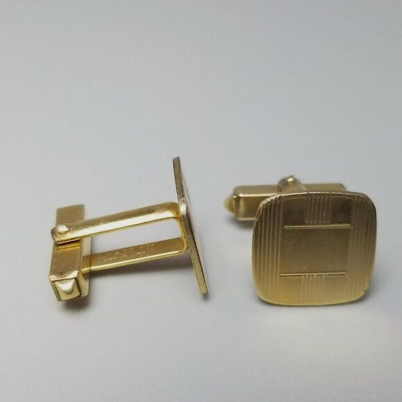 Vintage Square Pin Stripe Yellow Gold Filled Bullet Back Cufflinks, Campus - Picture 3 of 8